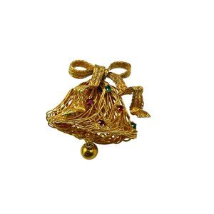 Vintage Gold Tone Bell Brooch Rhinestones Wirework Design Christmas Jingle Bell